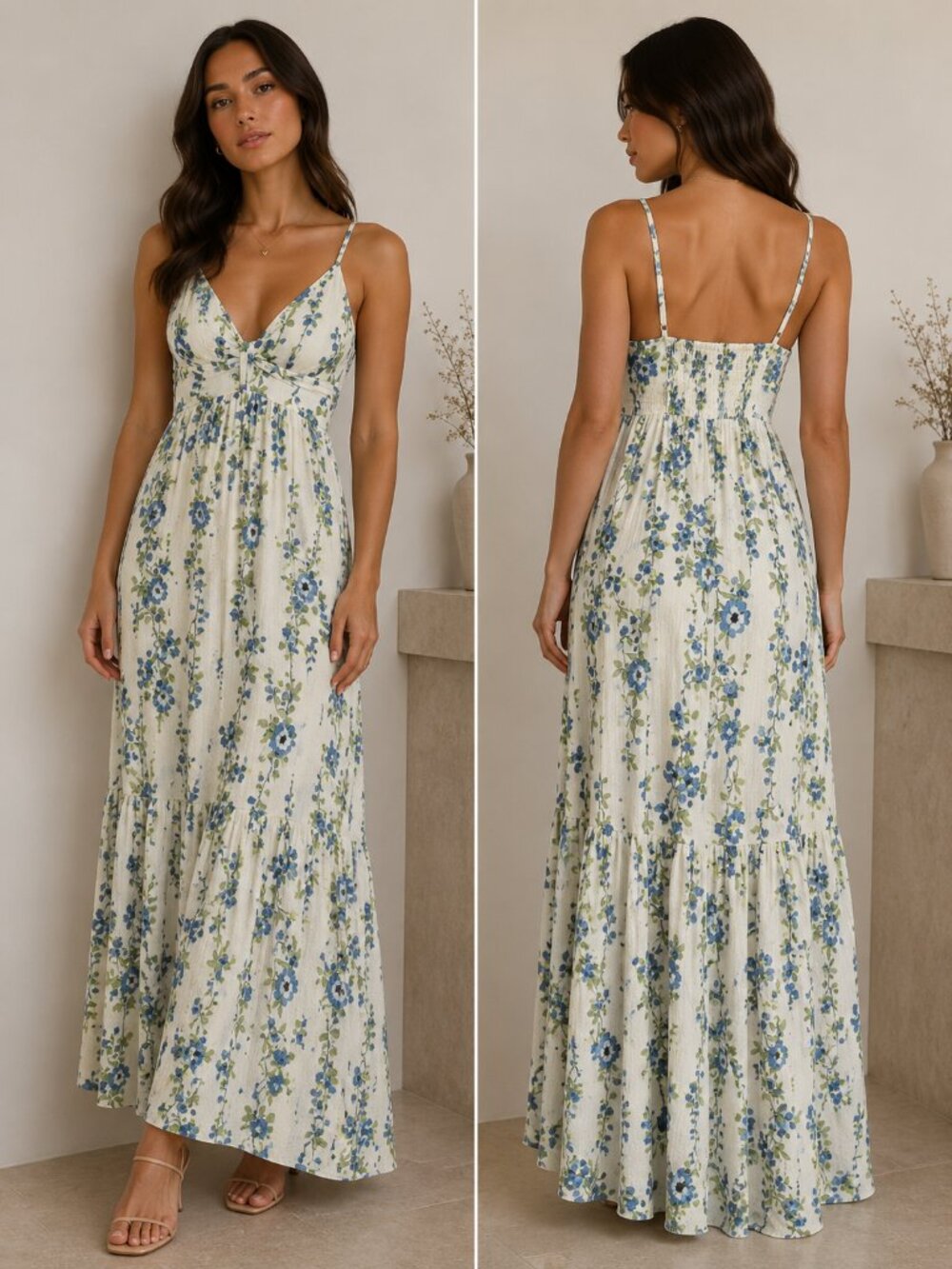 Women's White & Blue Floral Smocked Maxi Dress with Spaghetti Straps